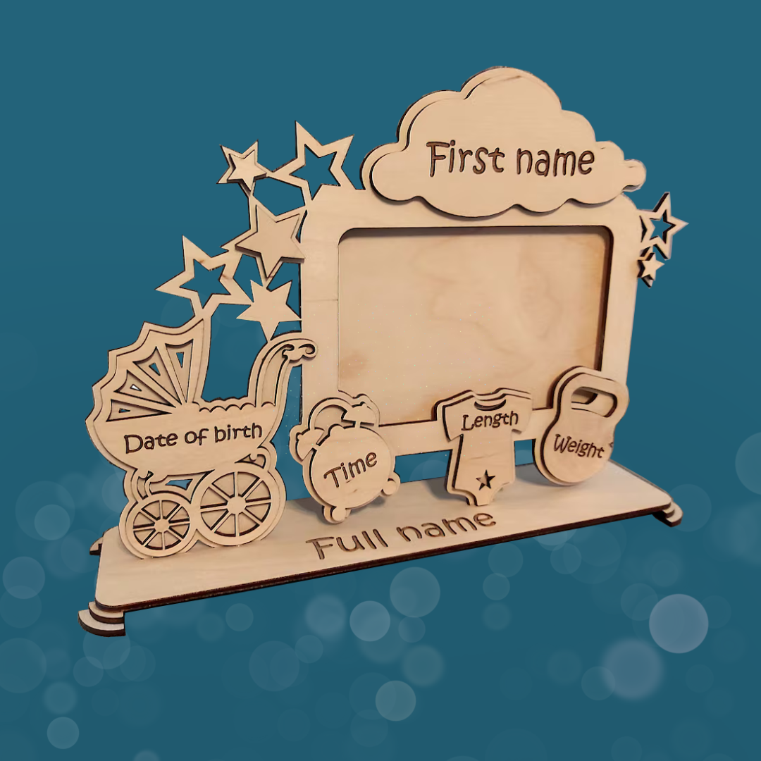 Wood baby Frame with custom birth details. Display baby's weight, length, name, birth date, and time. Sweet stars frame photo and fun cutouts to make this frame stand out and surely be a treasured momento. The Wooden mouse takes care to ensure each detail is just right.