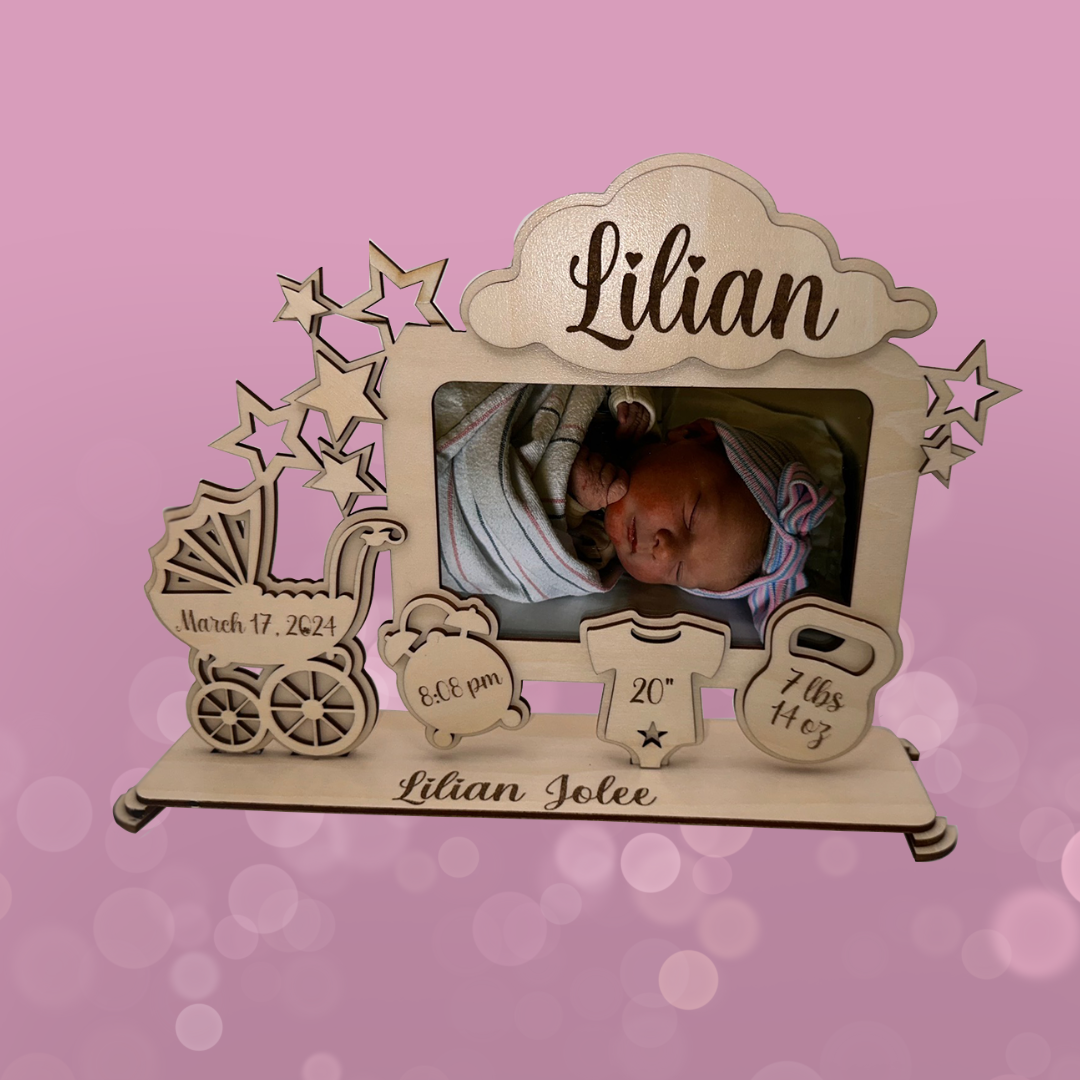 Wood baby Frame with custom birth details. Display baby's weight, length, name, birth date, and time. Sweet stars frame photo and fun cutouts to make this frame stand out and surely be a treasured momento. The Wooden mouse takes care to ensure each detail is just right.