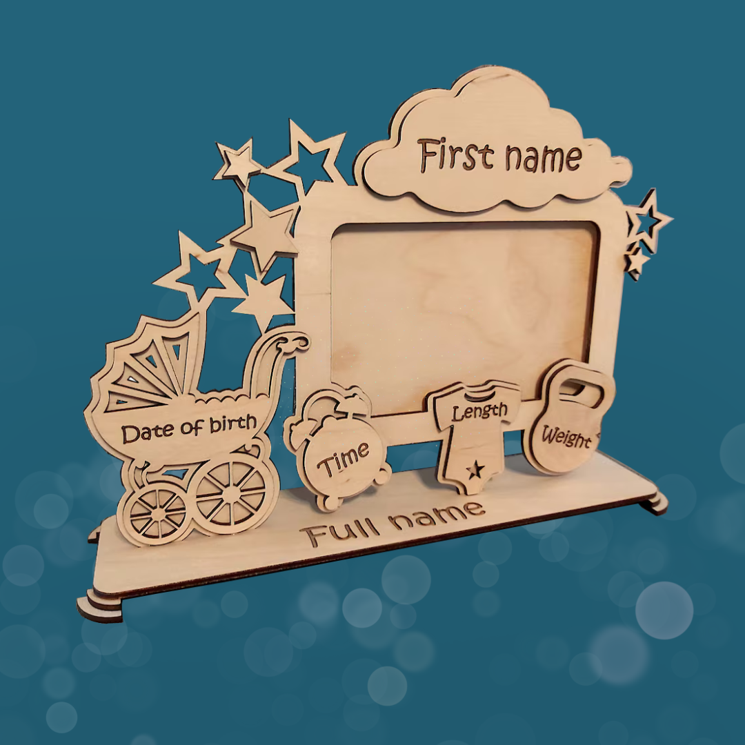 Wood baby Frame with custom birth details. Display baby's weight, length, name, birth date, and time. Sweet stars frame photo and fun cutouts to make this frame stand out and surely be a treasured momento. The Wooden mouse takes care to ensure each detail is just right. 