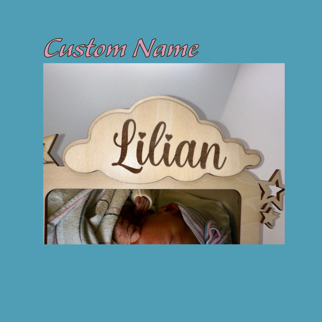 Wood baby Frame with custom birth details. Display baby's weight, length, name, birth date, and time. Sweet stars frame photo and fun cutouts to make this frame stand out and surely be a treasured momento. The Wooden mouse takes care to ensure each detail is just right.