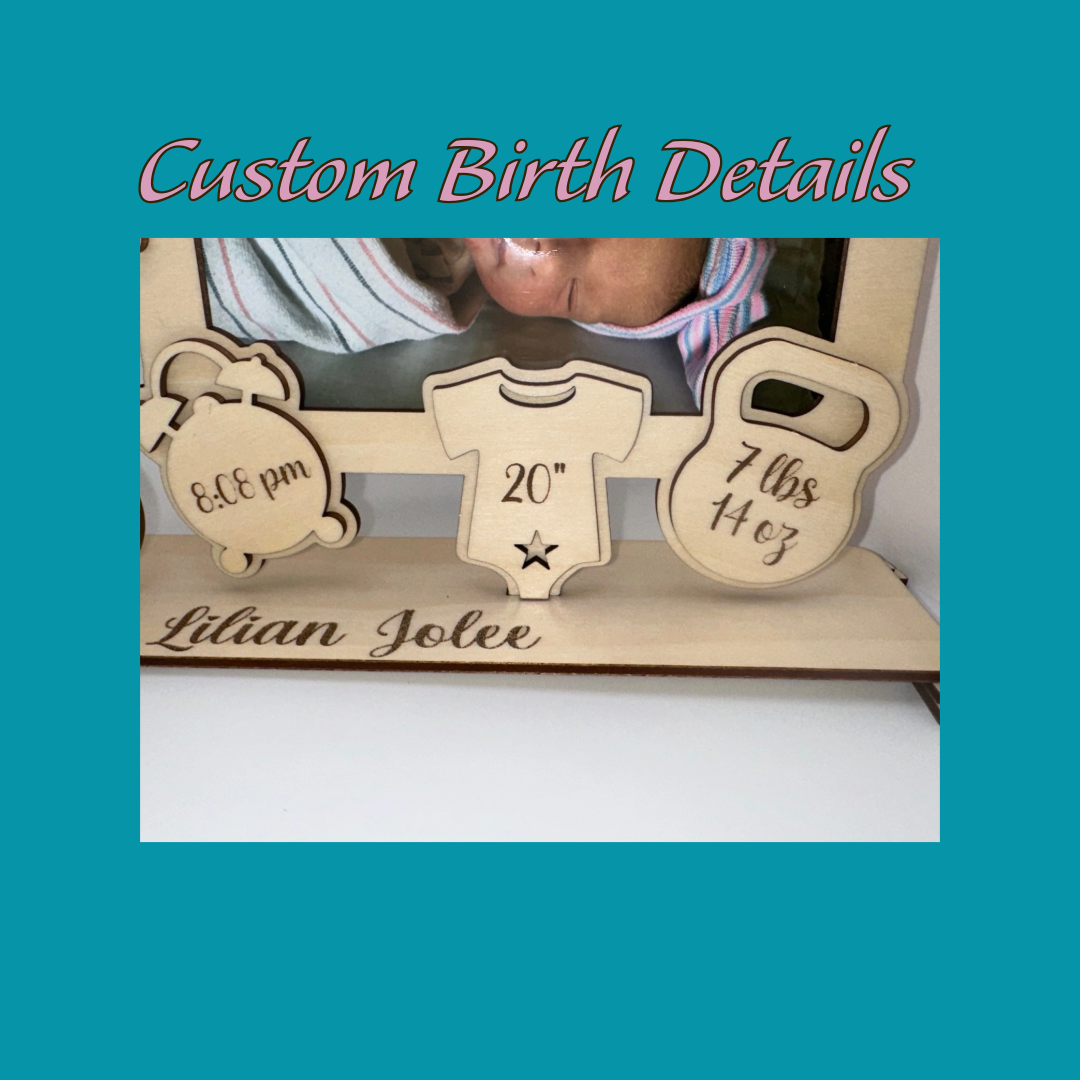 Wood baby Frame with custom birth details. Display baby's weight, length, name, birth date, and time. Sweet stars frame photo and fun cutouts to make this frame stand out and surely be a treasured momento. The Wooden mouse takes care to ensure each detail is just right.